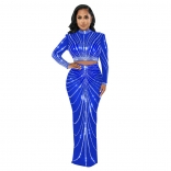 Blue Women's Long Sleeve O-Neck Bodycon Mesh Rhinestone Elegant Prom Formal Party Maxi Dress