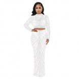White Women's Long Sleeve O-Neck Bodycon Mesh Rhinestone Elegant Prom Formal Party Maxi Dress