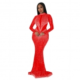 Red Women's Mesh Rhinstone Bodycon Evening Elegant Long Prom Maxi Dress