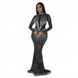 Black Women's Mesh Rhinstone Bodycon Evening Elegant Long Prom Maxi Dress