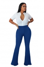 Blue Women's Brushed Flare Pants Bodycon Stripe Sexy Office Lady Long Trousers