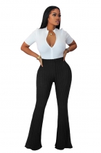 Black Women's Brushed Flare Pants Bodycon Stripe Sexy Office Lady Long Trousers