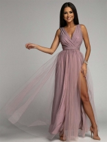LightPink Sleeveless Deep V-Neck Halter Mesh Pleated Evening Elegant Long Dress