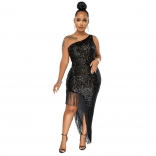 Black Women's One Shoulder Sleeveless Party Bodycon Sequin Tassels Midi Dress