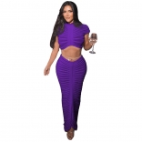 Purple Women's Sexy Knitted Perspective Nightclub Set Low Waist Bodycon Midi Dress