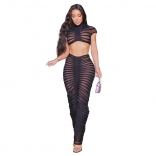Black Women's Sexy Knitted Perspective Nightclub Set Low Waist Bodycon Midi Dress