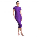 Purple Women's Short Sleeve Mesh Knitted Sexy Club Bodycon Long Dress