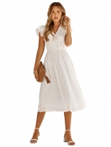 White Women's Casual Solid V-neck Hollowed Out Midi Skirt Dress