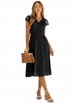 Black Women's Casual Solid V-neck Hollowed Out Midi Skirt Dress