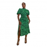 Green Fashion Women's Printed Short Sleeve Split Midi Dress