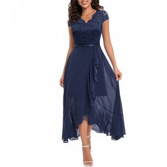 RoyalBlue Women's V-Neck Sleeveless Lace Mesh Maxi Skirt Evening Long Dress