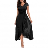 Black Women's V-Neck Sleeveless Lace Mesh Maxi Skirt Evening Long Dress