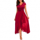 Red Women's V-Neck Sleeveless Lace Mesh Maxi Skirt Evening Long Dress