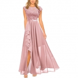 Pink Women's Sleeveless Lace Hollow-out Mesh Maxi Slim Fit Prom Long Dress