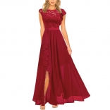 Red Women's Sleeveless Lace Hollow-out Mesh Maxi Slim Fit Prom Long Dress