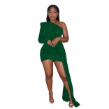 Green Women's Silky Bright Bodycon Off Shoulder Prom Mini Dresses
