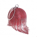 Red Rhinestone Tassel Ball Dinner Metal Ring Handbag Fashion Banquet Bag