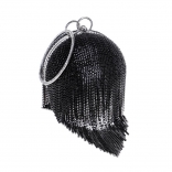 Black Rhinestone Tassel Ball Dinner Metal Ring Handbag Fashion Banquet Bag