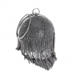 Black Grey Rhinestone Tassel Ball Dinner Metal Ring Handbag Fashion Banquet Bag