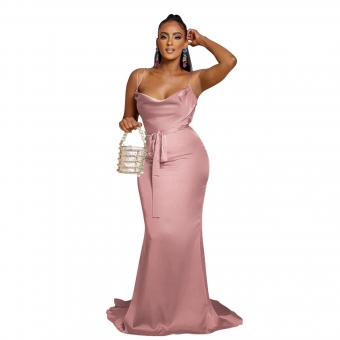 Pink Women's Solid Low-Cut Belt Bodycon Sexy Strap Backless Long Dress