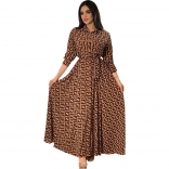 Brown Long Sleeve Printed Button Fashion Women's Casual Long Dress