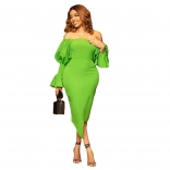Green Women's Sexy Off Shoulder Lantern Sleeve Bevel Irregular Bodycon Midi Dress