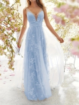 Blue Sleeveless Deep V-Neck Lace Mesh Sexy Wedding Long Dress