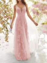 Pink Sleeveless Deep V-Neck Lace Mesh Sexy Wedding Long Dress