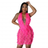 RoseRed Women's Wave Pattern Sexy Deep V Hanging Neck Short Wrapped Hip Mini Party Dress
