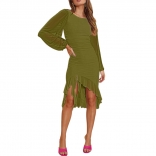 Green Women's Long Sleeve Temperament Mesh Perspective Irregular Ruffled Midi Dress