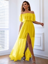 Yellow Women's Pleated Off Shoulder Layered Split Party Prom Elegant Long Dress