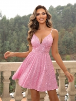 Pink Halter Low-Cut V-Neck Sequins Straps Pleated Sexy Prom Dancing Dress