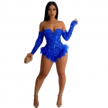 Blue Long Sleeve V-Neck Low-Cut Sequin Feather Prom Dancing Dress