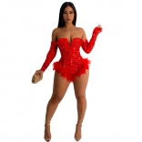Red Long Sleeve V-Neck Low-Cut Sequin Feather Prom Dancing Dress
