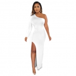 White Single Long Sleeve Pleated Bodycon Women Prom Party Maxi Dress