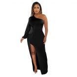 Black Single Long Sleeve Pleated Bodycon Women Prom Party Maxi Dress