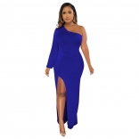 Blue Single Long Sleeve Pleated Bodycon Women Prom Party Maxi Dress