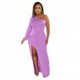 Purple Single Long Sleeve Pleated Bodycon Women Prom Party Maxi Dress