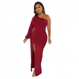Red Single Long Sleeve Pleated Bodycon Women Prom Party Maxi Dress