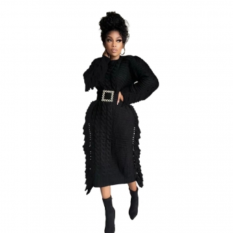 Black Long Sleeve Sweaters Fashion Women Tassels Bodycon Midi Dress