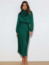 Green Women's Satin Long Sleeve Casual Elegant Prom Formal Evening Midi Dresses