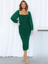 Green Mesh Long Sleeve Low-Cut Sexy Pleated Bodycon Midi Prom Dress