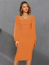 Orange Mesh Long Sleeve Low-Cut Sexy Pleated Bodycon Midi Prom Dress