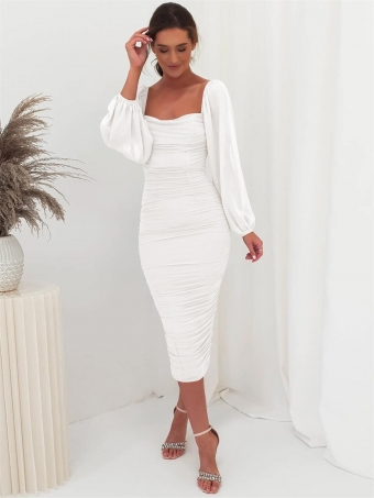 White Mesh Long Sleeve Low-Cut Sexy Pleated Bodycon Midi Prom Dress