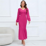 RoseRed Women's New V-Neck Long Sleeve Fishtail Skirt Slim Fit Long Dress