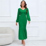 Green Women's New V-Neck Long Sleeve Fishtail Skirt Slim Fit Long Dress