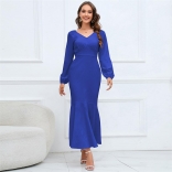 Blue Women's New V-Neck Long Sleeve Fishtail Skirt Slim Fit Long Dress