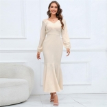 Beige Women's New V-Neck Long Sleeve Fishtail Skirt Slim Fit Long Dress