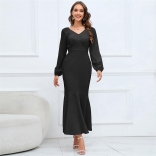 Black Women's New V-Neck Long Sleeve Fishtail Skirt Slim Fit Long Dress