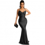 Black Women's Halter Low-Cut V-Neck Straps Bandage Sexy Evening Prom Maxi Dress